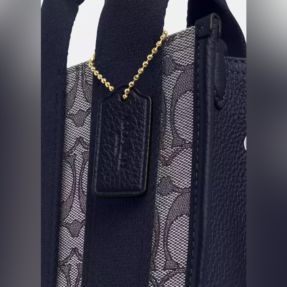 Coach NWT Smith Mini Tote Bag In Signature Jacquard. Navy & Gold. - Picture 3 of 5